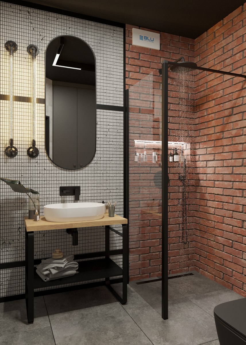 Industrialna łazienka z kabiną prysznicową.